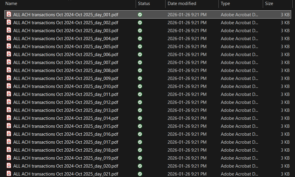 Sample showing the ACH file split into daily transaction batches.